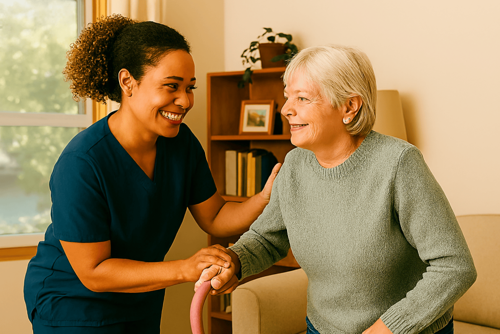 caregiver assisting an elderly woman